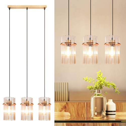 Lichtmaler Hängelampe Esstisch Pendelleuchte Glas - Esszimmerlampe Hängend 3 Flammig Hängeleuchte Gold E27 Modern für Küche Cafe Bar Wohnzimmer (ohne Leuchtmittel)