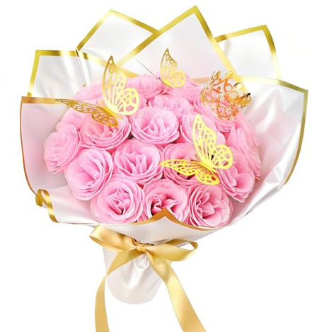 MWOOT 24 Piezas Ramo de Rosas con Purpurina, Ramo de Flores Artificiales para Bricolaje con Rosa Falsa con Purpurina Rosa Corona Mariposa 3D, Regalo de Ramo para San Valentín Boda Día de la Madre