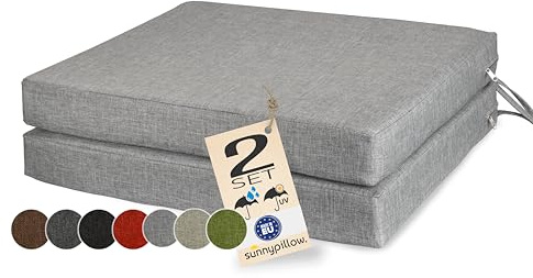 sunnypillow 2er Set Stuhlkissen 50 x 50 cm wasserdicht UV-lichtecht 7cm dick - Outdoor Polsterauflage mit Bändern - Auflage für Stühle,Bänke - Sitzkissen Stuhlauflage für Haus und Garten - Grau