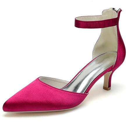 HFWXYSA Zapatos Novia Mujer Blanco Satén Tacón Aguja Punta Afilada Correa Tobillo Boda Fiesta Ceremonia Noche,Fuchsia,35 EU
