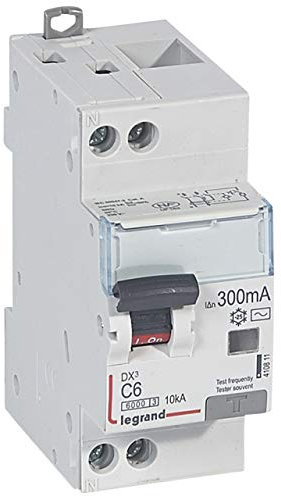Legrand 410811 Disjoncteur différentiel monobloc DX³6000 10kA arrivée haute et départ bas à vis, U+N 230V, 6A typeAC, 300mA