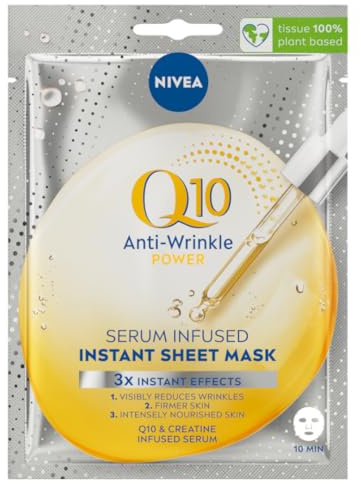 NIVEA Q10 POWER Anti-Wrinkle+Firming 10 minuters tygmask i 5-pack (5 x 1 styck), ansiktsmask med anti-rynkeffekt, stramande ansiktsvård
