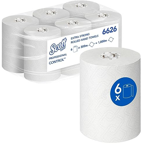 Essuie-mains roulés Scott Control 6626 - Extra-résistant - 6 x rouleaux de 300 m d'essuie-mains en papier blanc (1 800 m au total)