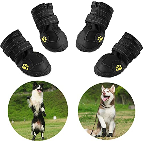 Hundeschuhe, 4 Stück wasserdichte Hundestiefel Pfotenschutz, mit reflektierenden Riemen, robuste rutschfeste Sohle (8#, Schwarz)