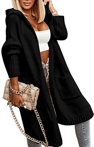 Aoysky Womens Long Cardigans Cable Knitted Open Front Oversized Hooded Outerwear Sweater Coat Black