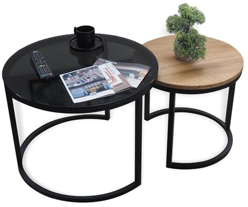 Lumarc Modena, Couchtisch 2er Set aus Massivholz Eiche, Gehärtetem Glas und Stahl, Handgefertigt in Europa, Beistelltisch, Wohnzimmertisch, Coffee Table, Schwarz, Rund, Ø60x45 cm / Ø45x40 cm