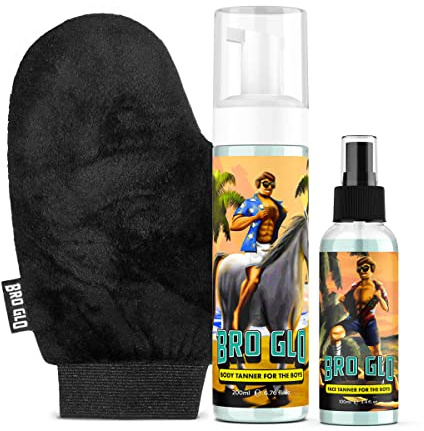 Bro Glo Self Tanner for The Boys - Starter Bundle - Easy Sunless Tan For Your Face & Body With Mitt Applicator - Oil Free Water Based for Faster Skin Drying - Natural Sun Kissed Bronze Color Perfect for Men - Gift Set (Starter Bundle)