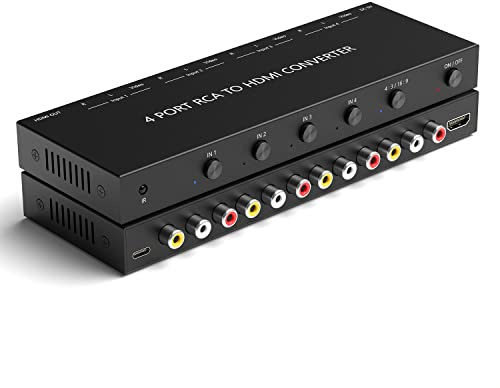4 Port RCA to HDMI Converter 1080P/720P RCA Composite CVBS AV Switch to HDMI Converter Adapter Support 4:3/16:9 Switch, for Sega Xbox PS1 PS2 PS3 N64 NGC SNES WII VHS VCR Camera DVD(With Remote）