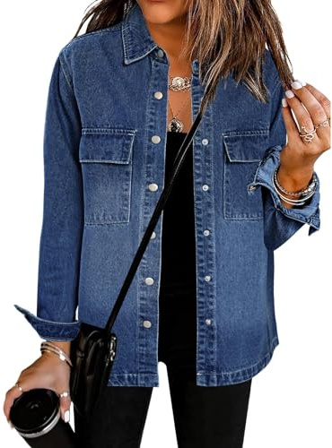 luvamia Shackets For Women Jean Jackets Fashion Womens Blue Denim Outfit Fall Outfits Button Down Shirt Long Jacket Size X-Large 16 18 (LV-LOW-788264V-E-XL)