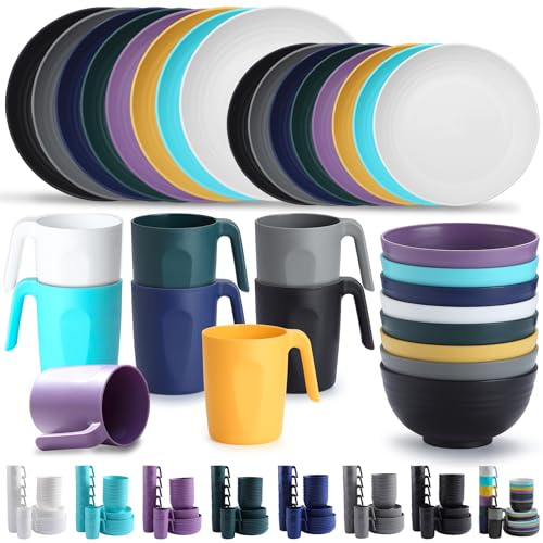 Kyraton Cubiertos de plástico Juegos de 32 piezas, reutilizables Platos ligeros Tazas Cuencos Platos Fácil de llevar y limpiar Microondas Seguro BPA Lavavajillas seguro Servicio seguro para 8