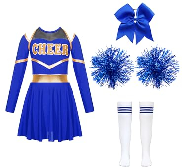 Jowowha Mädchen Cheer Leader Cheerleading Kostüm 4tlg.Langarm Crop Tops mit Rock Pompoms Socken Halloween Karneval Fasching Tanzkleidung Blau 146-152