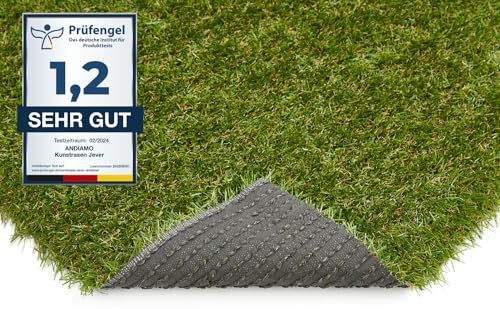 andiamo Kunstrasen Jever Outdoor Teppich wetterfest – Rasenteppich für Balkon & Terrasse, wasserdurchlässig mit Drainage-Noppen, robuster Balkon Bodenbelag in Grün – 200 x 700 cm