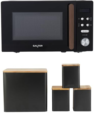 Salter COMBO-9197 Toronto Digital Microwave & Storage Canister Set – 20 L Capacity, 95-Minute Timer, Defrost, 25.5cm Glass Turntable, Bread Bin, Tea, Coffee, Sugar Jars, Acacia Wood, Black