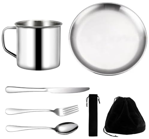 Camping Geschirr 1 Person - Camping Besteck Set 7 Teilig, Ccampinggeschirr Edelstahl Wiederverwendbarer Leichter Becher, Teller und Edelstahlbesteck mit Schwarzer Tasche für Outdoor Camping zubehör