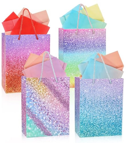 4 Stück Geschenktüten mit Seidenpapier 18(L)×10(B)× 23(H) cm Glitter Farbverlauf Geschenktaschen mit Henkel Geburtstag Hochzeit Geschenktüten, 4 Farben