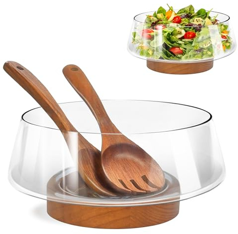 PROLEE Ensemble de saladiers en verre avec base en bois massif, bols de service élégants pour ustensiles de cuisine et fêtes (transparent)