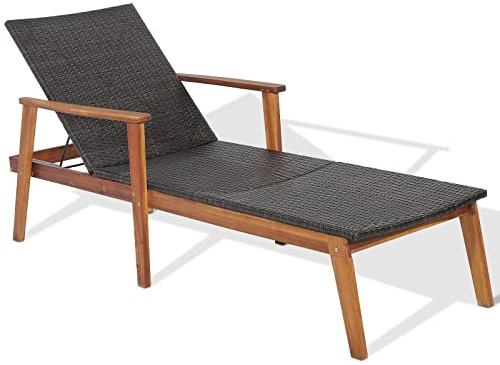 COSTWAY Rattan Sun Lounger, 5-Position Adjustable Garden Chaise Lounge Deck Sunbed with Armrests, Solid Acacia Wood Frame Outdoor Sunbathing Recliner Chair for Patio Balcony Poolside Beach