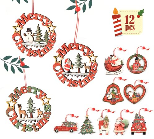 ABSOFINE Weihnachtsbaumschmuck Rot, Bunt Weihnachtsbaumschmuck Anhänger Weihnachtsbaumschmuck Holz, 12 Stück Christbaumanhänger Holz Verschiedene Advent Motive für Weihnachtskalender Verzierung Deko