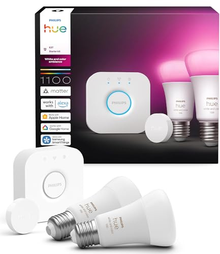 Philips Hue Starter Set: Bridge + 3 E27 Smart Spotlights + Smart Button, White and Color Ambiance, Smart Light Hub, LED Lampen steuerbar mit Apple Home, Alexa, Google Assistant, Samsung SmartThings