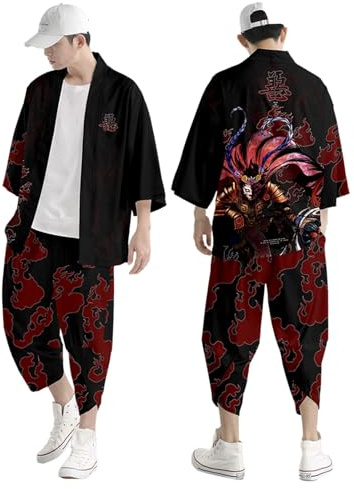 Kimono d'été 2 pièces pour homme - Manches courtes - Tenue de loisirs - T-shirt d'entraînement - Short - Ensemble de peignoir japonais - Cardigan imprimé traditionnel - Veste classique - Robe - Haut