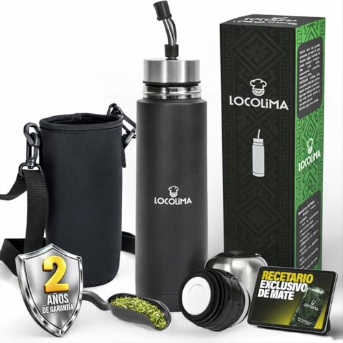 Mate Argentino To Go, Kit Mate Listo 3 en 1, Termo Mate Argentino 500 ml de Acero Inoxidable de Doble Pared, Termo para Mate Autocebante con Funda y Accesorios, Sistema 100% Metálico con Bombilla Mate