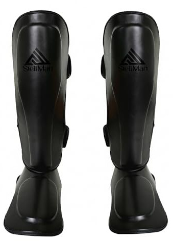 Stellman MMA Shin Guards for Men & Women | Lightweight Kickboxing Shin Pads with Foot Protection | Muay Thai, Sparring, Martial Arts & MMA Training Gear (Black, L)