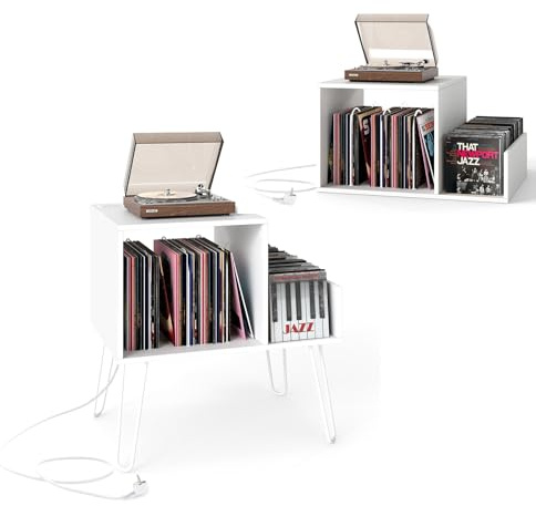 KOMFOTTEU Soporte para Tocadiscos con Estación de Carga, Estantería para Discos de Vinilo con Divisores y Estante Lateral, Mesa Auxiliar para hasta 145 Álbumes, Armario con Patas de Metal (Blanco)