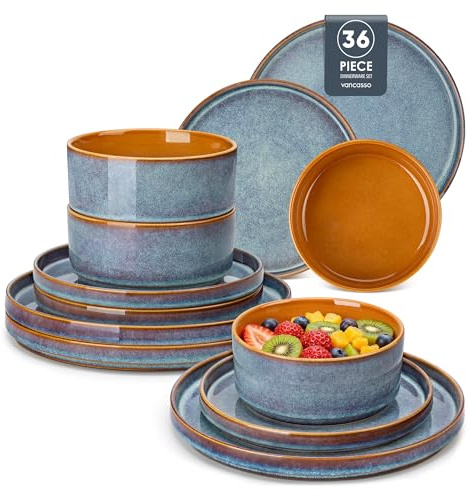 vancasso Geschirrset 12 Personen, 36-tlg Steingut Teller Set, Geschirr Blau, Tafelservice mit Speiseteller, Salatteller und Schüsseln - Galaxie-inspiriertes Design, ONION Serie