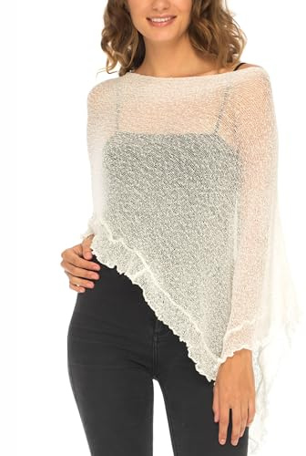 SHU-SHI Women’s Sheer Knit Poncho Shrug Lightweight Asymmetrical Ruffle Wrap Dressy Summer Shawl Cover Up Top