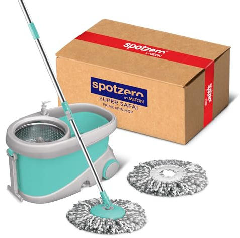 Spotzero By Milton Cubo de trapeador giratorio Prime con ruedas, mango extensible| Dispensador de Líquidos| Juego de escurridores| Sistema de limpieza y trapeado (Agua verde,Trapeador giratorio Prime)