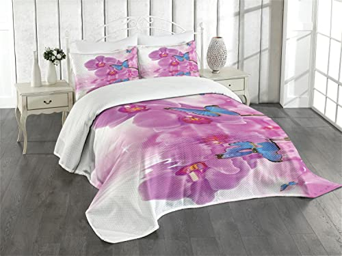 ABAKUHAUS Schmetterlinge Tagesdecke Set, Orchideen-Blüte auf Wasser, Set mit Kissenbezügen Kein verblassen, für Doppelbetten 220 x 220 cm, Weiß Rosa Blau