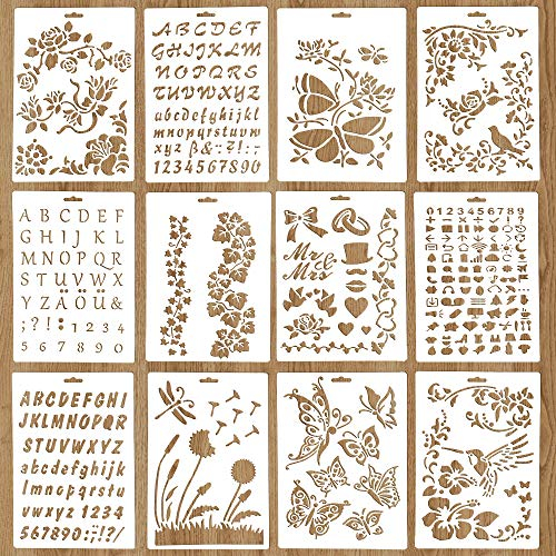 12 Stück Zeichnung Malschablonen, Kunststoff Malschablonen für Kunsthandwerk Wiederverwendbare Brandmalerei Schablonen Vorlagen Set für Heimwerker