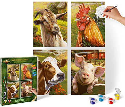 Schipper 609340849 Malen nach Zahlen - Auf dem Bauernhof - Bilder malen für Erwachsene, inklusive Pinsel und Acrylfarben, Quattro je 18 x 24 cm