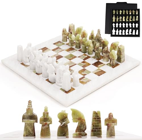 Radicaln Juego de ajedrez de mármol con caja de almacenamiento de 15 pulgadas Juegos de ajedrez antiguos hechos a mano en blanco y verde - Juego de ajedrez de torneo Juegos para 2 jugadores - 1