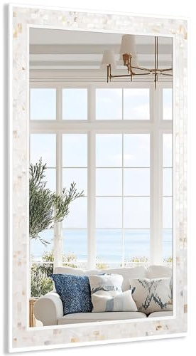 Tanmicoshomy 20x 28 Inch Rectangle Wall Mirror, Natural Shell Framed Rectangular Mirror for Bathroom, Vanity, Bedroom, Living Room, Entryway, Wall Mounted Horizontal or Vertical, White