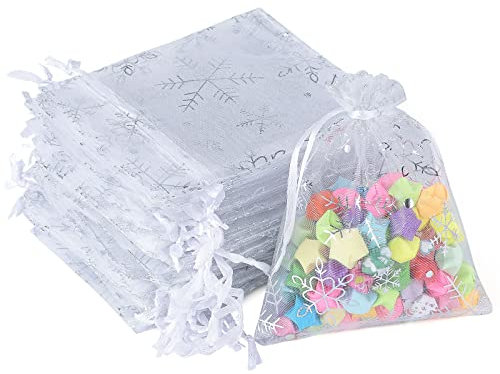 jijAcraft Organzasäckchen Weihnachten Weiß, Weihnachten Organza Beutel 9 x 12CM, 50 Stück Schneeflocke Organza Beutelchen mit Kordelzug, Bonbons Geschenk Schmuckbeutel