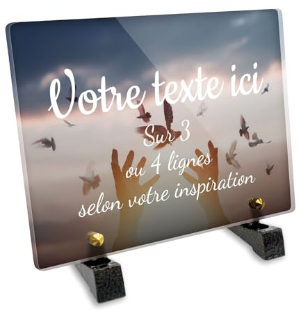 Placa funeraria rectangular personalizable en plexi con diseño de palomas y manos 01, diferentes tamaños, grosor 6mm, personalizado en varias líneas 20x15 cm