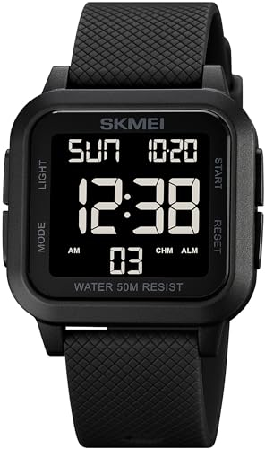 findtime Quadratische Digitaluhr LED Große Ziffern Zahlen Armbanduhr für Herren Damen Unisex Outdoor Digitale Sportuhr mit Alarm/Timer/Doppelzeit/Stoppuhr/12/24H