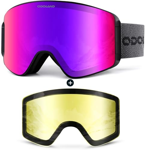 Odoland Masque de Ski avec Lentilles Amovibles, Lentilles Interchangeables, Masque de Neige sans Monture Anti-Buée UV400 pour Homme Femme, Compatible avec les Casques, Lentilles Violettes