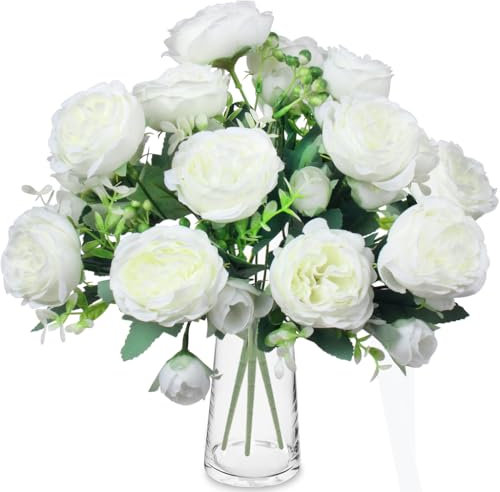 ZGTS 3 Bunches Peony Artificial Flowers Silk Peonies Bouquets Pink Flowers for table Centerpieces Floral Arrangement Faux Flower for Home Kitchen Garden Party Wedding Decoration (White)