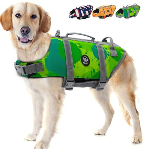 EMUST Dog Life Jacket, Lightweight Dog Life Vests with Rescue Handle for Small Medium and Large Dogs, Pet Safety Swimsuit Preserver for Swimming Pool Beach Boating, 2XL, MultiGreen