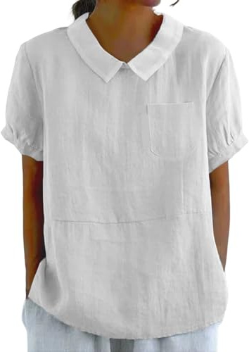 Chemisier à manches courtes en lin pour femme avec col claudine et poche de poitrine - Solide et confortable - Chemise polyvalente pour un usage quotidien, blanc, L