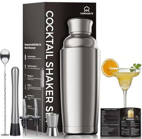 YARRAMATE Shakers à Cocktails 8 pièces, 700 ML Shaker Cocktail INOX avec Passoire Intégrée, Kit Isotherme avec Jigger, Cuillère, Pilon, Verseurs et Recettes pour Bar Maison (01_Normal)