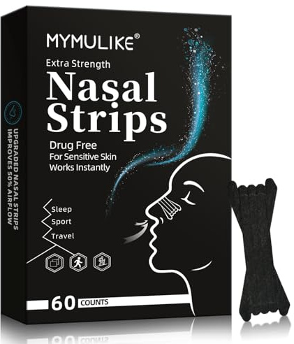 MYMULIKE 60 Unité Bandes Nasales Anti-Ronflements, Haute Performance Nasal Strips, Réduction du Ronflement et du Nez Bouché, Bandes Nasales pour Sport, Sommeil, Travail, Voyages