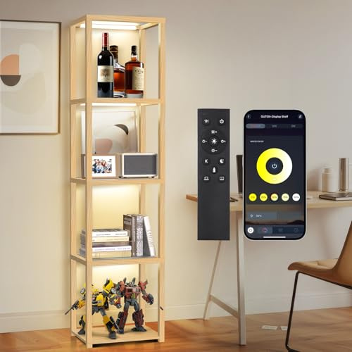 OUTON 170cm Vetrina in Vetro con Luci, Lampada da Terra a LED Dimmerabile con Telecomando e Controllo via App, Libreria Aperta per Oggetti da Collezione per Soggiorno e Camera da Letto, Legno
