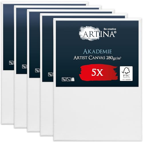 Artina Set da 5 Tela per Dipingere 50x70 cm - 100% Cotone 280g/m² – Telaio in Legno Certificato FSC – Non Si deforma – Canvas Tela Bianca Tele per Pittura – Tele per Dipingere Akademie
