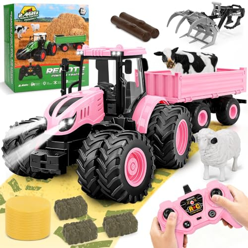 Herenear RC Tracteur Telecommandé Enfant, Tracteur Télécommandé Jouet Ferme avec Grappin, Vache, Remorque, Botte de Foinet et Troncs d'arbre, Ferme Jouet pour Enfant