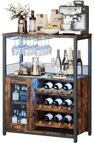 Wooden Corner Wine Rack with LED Lights, 3-Tier Freestanding Bar Cabinet for Living Room 69x35x92cm with Glass Holder & Mesh Door, Industrial Coffee Station, Sideboard & Drinks Display Storage-retro