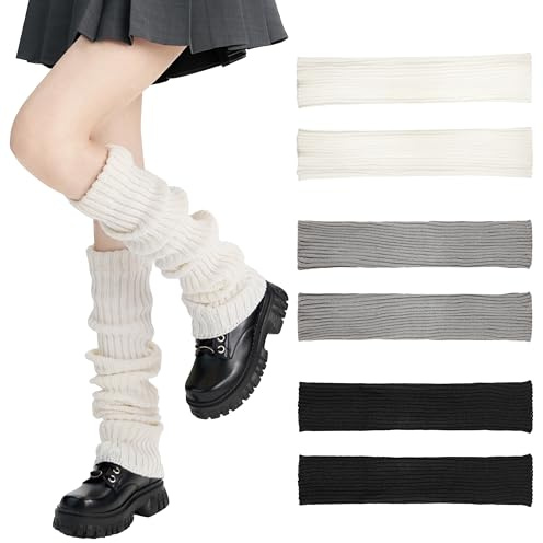 CATMEYE Knitted Leg Warmers, 3 Pairs, Over Knee Boot Cuff Socks, Kawaii Crochet Style, Stretchy Soft for Girls, Women, Winter Wear, Dance, Costumes (3 Colors, Standard)
