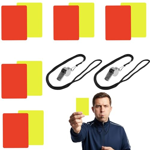 FDHBDF Lot de 10 cartes d'arbitre de football rouges et jaunes - 2 sifflets - Cartes disciplinaires - En PVC de qualité supérieure - Outil d'arbitre portable pour matchs de football